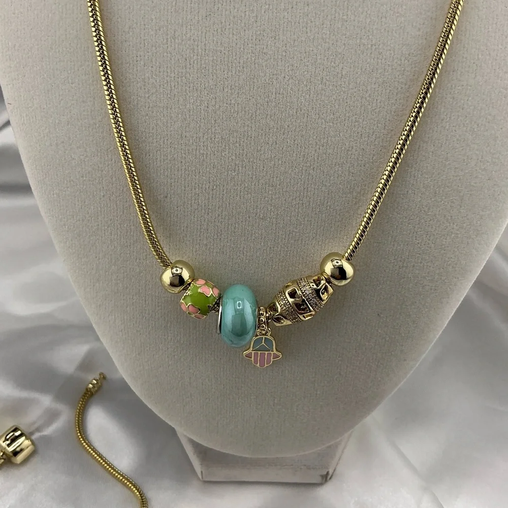 14k‎ Laminated Gold Snake Necklace and Bracelet Set with Blue Round Glass Beads